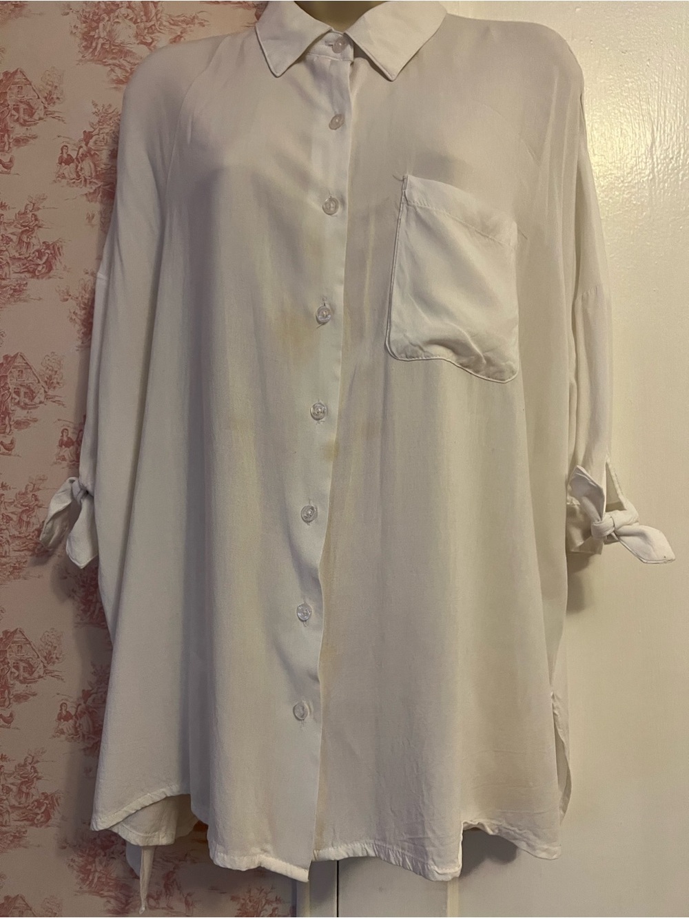 White Tie Sleeve, Button Front Tunic Top, with Side Slits